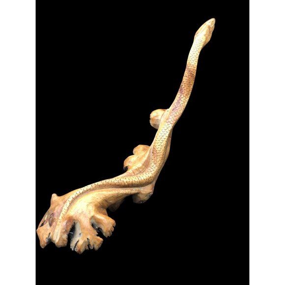 Hand-Carved Wooden Snake Sculpture On Seed Pod Root Base 15" Length - Picture 8 of 16
